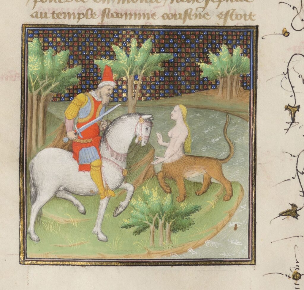 sphinx in art: Illumination in Livre du Tresor des hystoires des plus notables et memorables hystoires qui ont esté depuis le commencement de la creacion du monde jusques au temps du pape Jehan XXII (Ms 278), f. 35v, 1375–1400, Bibliothèque de l’Arsenal, Bibliothèque nationale de France, Paris, France.
&nbsp;
