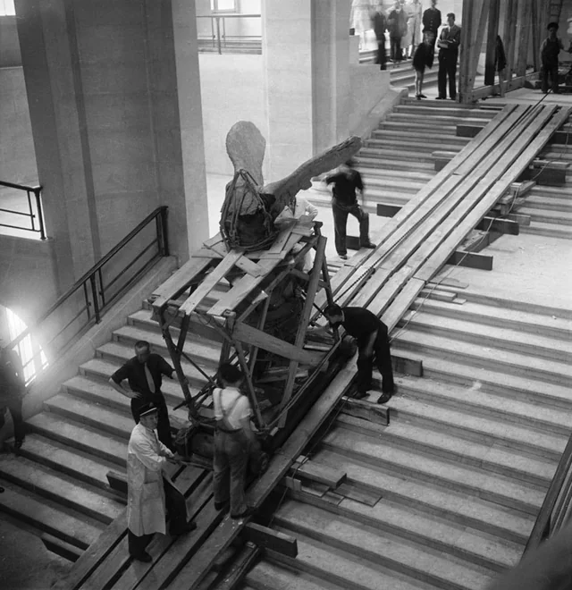 Rose Valland: The Nike of Samothrace being removed from the Louvre in August 1939. Pierre Jahan, Archives des museés nationaux. ResearchGate

