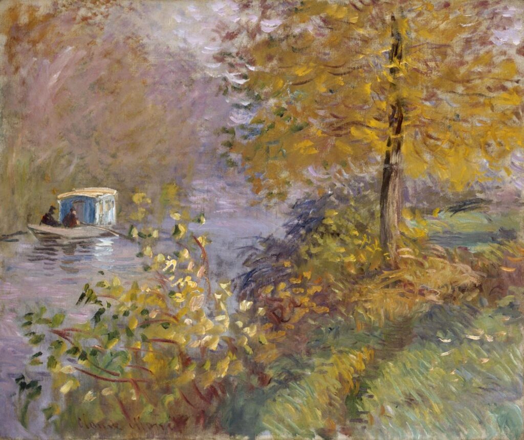 Impressionist Autumn Paintings: Claude Monet, The Studio Boat, 1876, Musée d’Art et d’Histoire, Neuchâtel, Switzerland.
