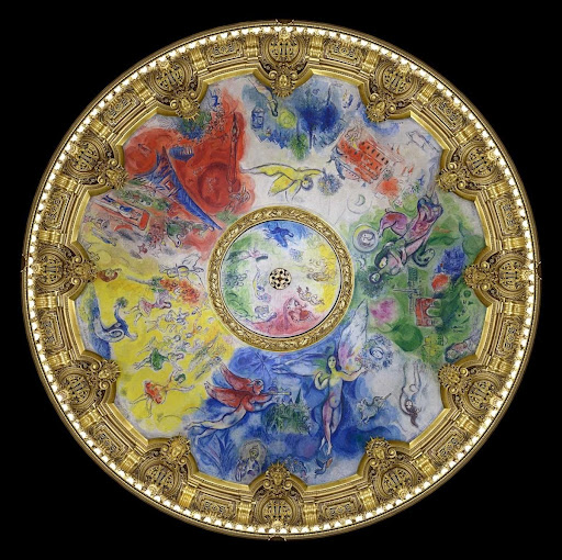 Opera Garnier: Marc Chagall, Ceiling frescoes (1st set of panels), 1964, Opéra Garnier, Paris, France. Google Art & Culture.
