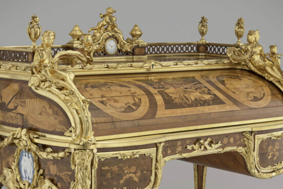 Jean-Henri Riesener, Bureau du Roi, 1760-1769, oak, rosewood, bronze, gold, porcelain, enamel, glass, leather, Château de Versailles, Versailles, France. Detail.