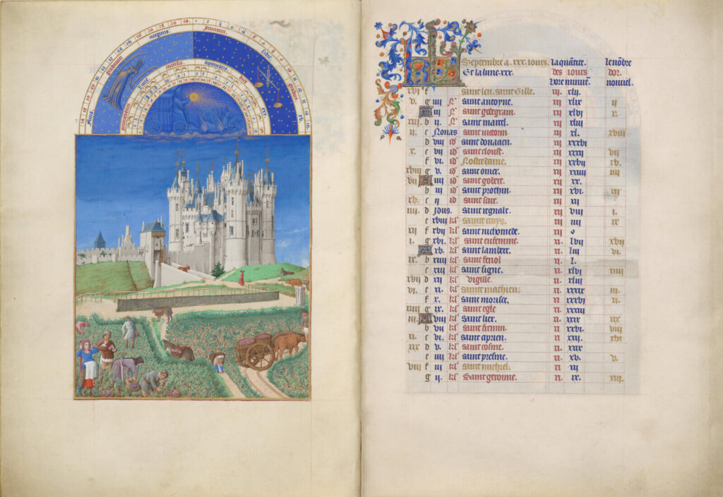 Limbourg brothers art: Limbourg brothers, Interior of Très Riches Heures du Duc de Berry, 1412–1416, Musée Condé, Chantilly, France.
