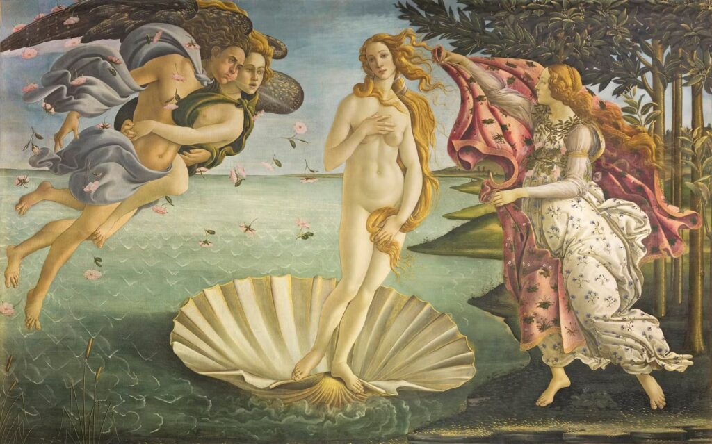 paintings of venus: Sandro Botticelli, The Birth of Venus, c. 1485, Uffizi Gallery, Florence, Italy.
