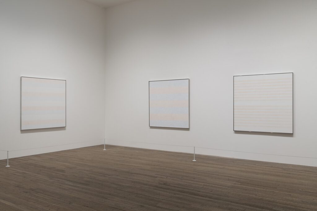 agnes martin: Exhibition view of Agnes Martin, 2015, Tate Modern, London, UK. Artist Rooms.
