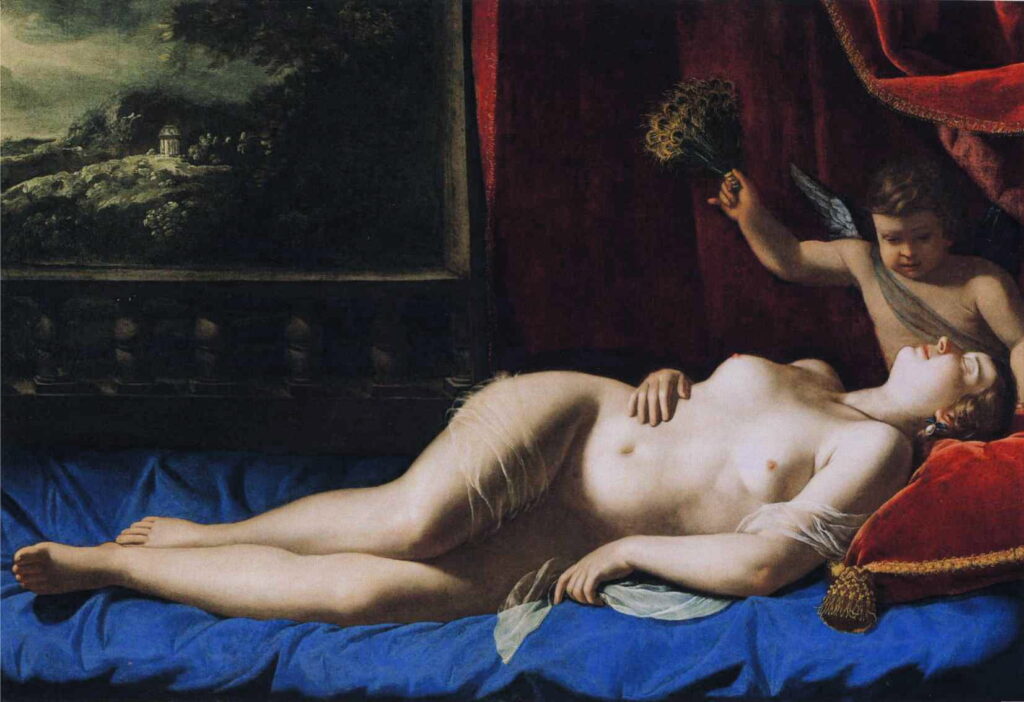 paintings of venus: Artemisia Gentileschi, Venus and Cupid (Sleeping Venus), c. 1625–1630, Virginia Museum of Fine Arts, Richmond, VA, USA.
