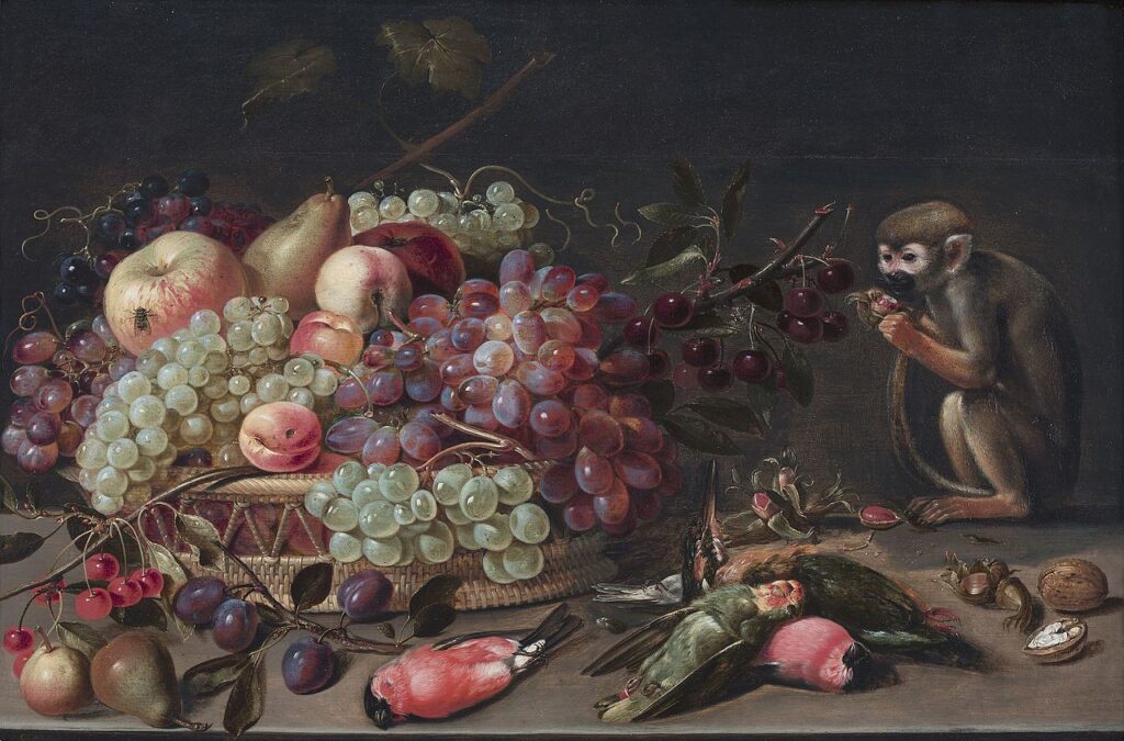 Clara Peeters: Clara Peeters, Still Life of Fruit, Dead Birds, and a Monkey, c. 1615–1621, private collection.
