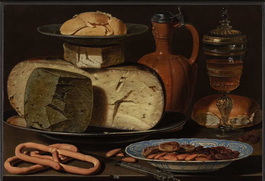 Clara Peeters: Clara Peeters, Still Life with Cheeses, Almonds, and Pretzels, c. 1615, Mauritshuis, The Hague, Netherlands.
