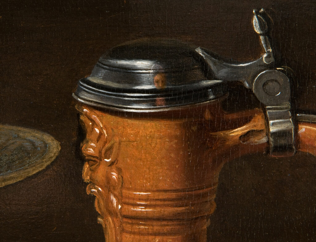 Clara Peeters: Clara Peeters, Still Life with Cheeses, Almonds, and Pretzels, c. 1615, Mauritshuis, The Hague, Netherlands. Detail.
