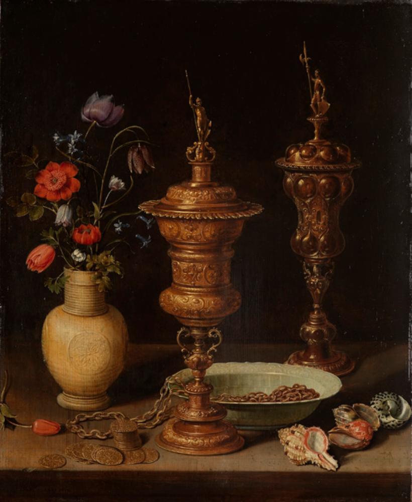 Clara Peeters: Clara Peeters, Still Life with Flowers and Gold Cups of Honour, 1612, Staatliche Kunstahalle, Karlsruhe, Germany.

