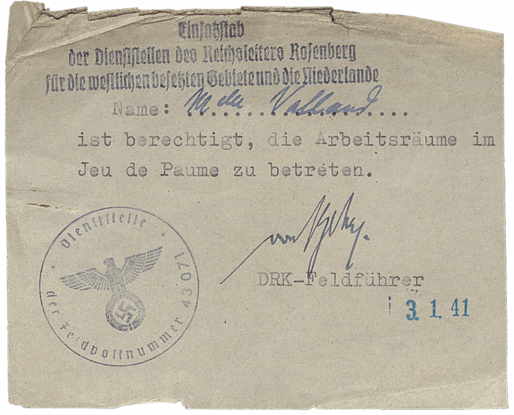 Rose Valland: ERR access pass for the Jeu de Paume issued to Rose Valland, 3 January 1941, Archives Nationales, Paris, France. Christie’s.
