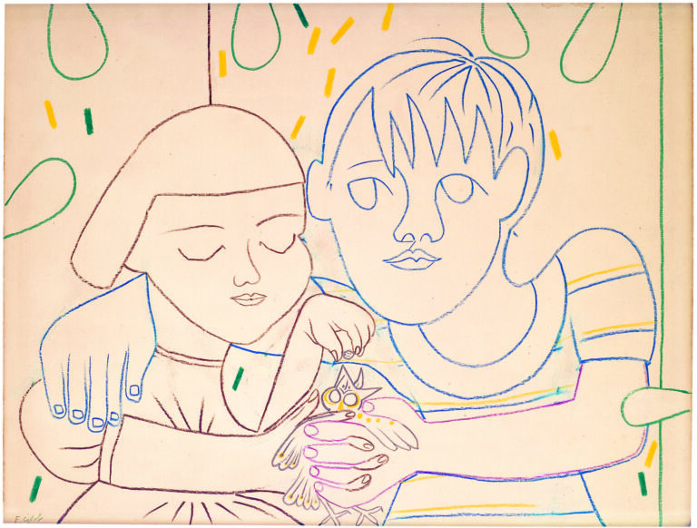 Claude Picasso: Pablo Picasso, Claude and Paloma Feeding a Sparrow, private collection. © Sucesión Pablo Picasso, VEGAP, Madrid, 2025. Press materials.
