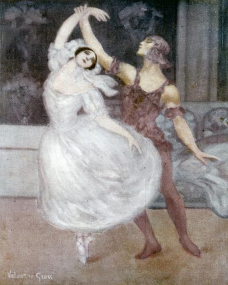 dance in art: Valentine Gross, Vaslav Nijinsky and Tamara Karsavina in “Spectre De La Rose,” c. 1913. WikiArt.
