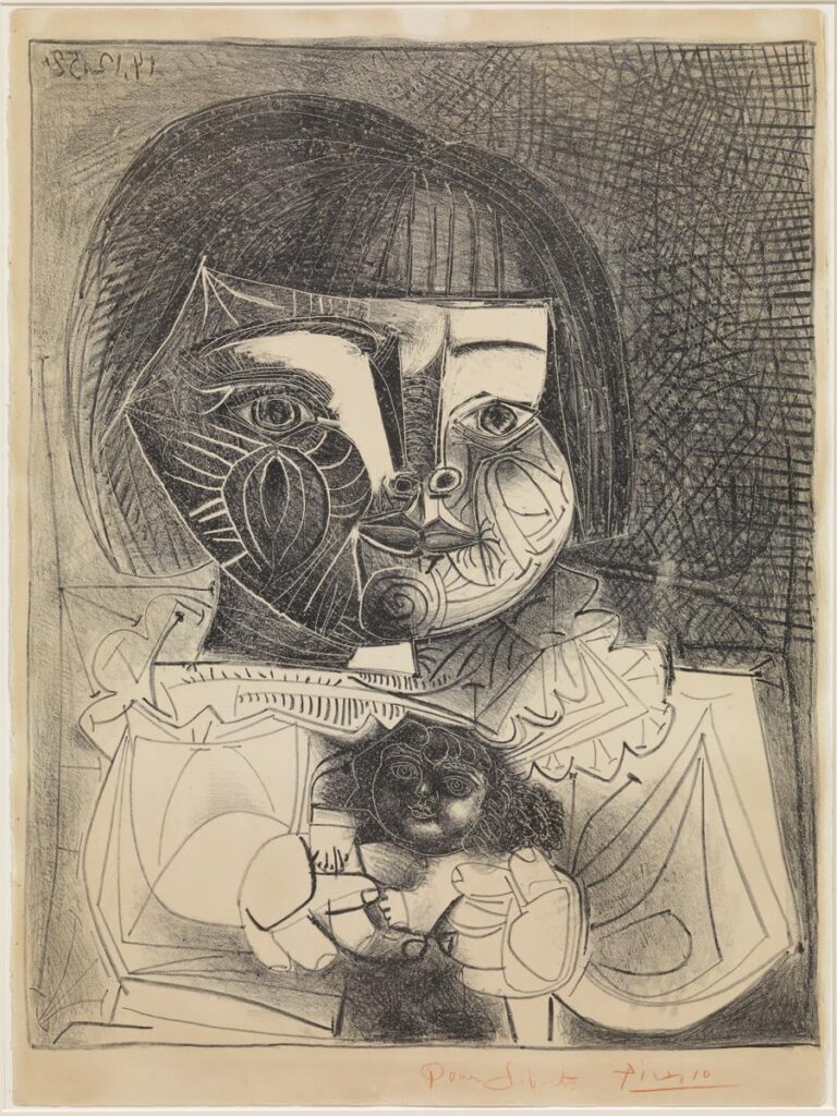 Claude Picasso: Pablo Picasso, Paloma and Her Doll on Black Background, 1952, Museu Picasso, Barcelona, Spain. © Sucesión Pablo Picasso, VEGAP, Madrid, 2025.
