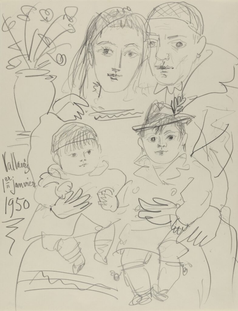 Claude Picasso: Pablo Picasso, Self-Portrait with Françoise Gilot, Claude, and Paloma, 1950, private collection. © Sucesión Pablo Picasso, VEGAP, Madrid, 2025. Photograph by Zoe A. Keller. Press materials.
