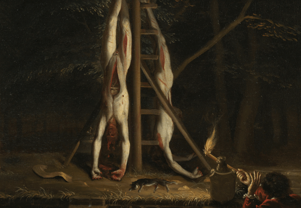 Brothers De Witt: Jan de Baen (attributed), The Corpses of the De Witt Brothers, c. 1672–1675, Rijksmuseum, Amsterdam, Netherlands. Detail.
