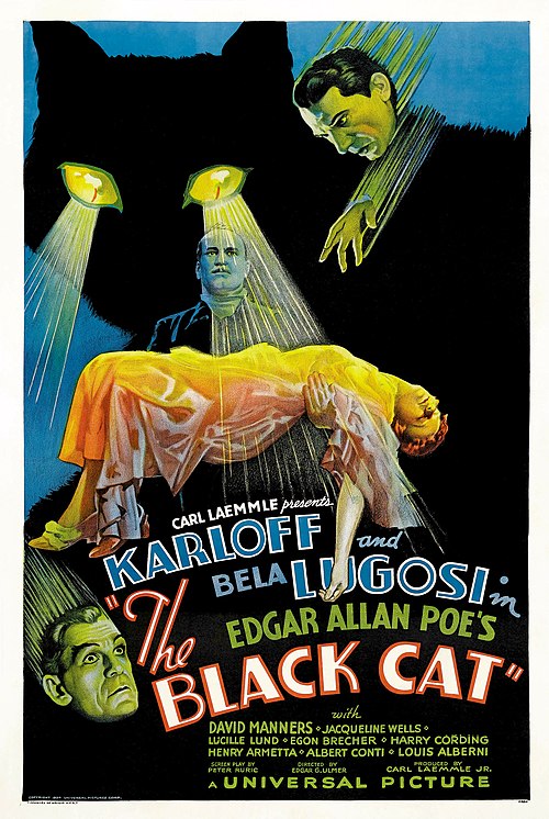 halloween aesthetics: Movie poster for The Black Cat, 1934. Wikimedia Commons (public domain).
