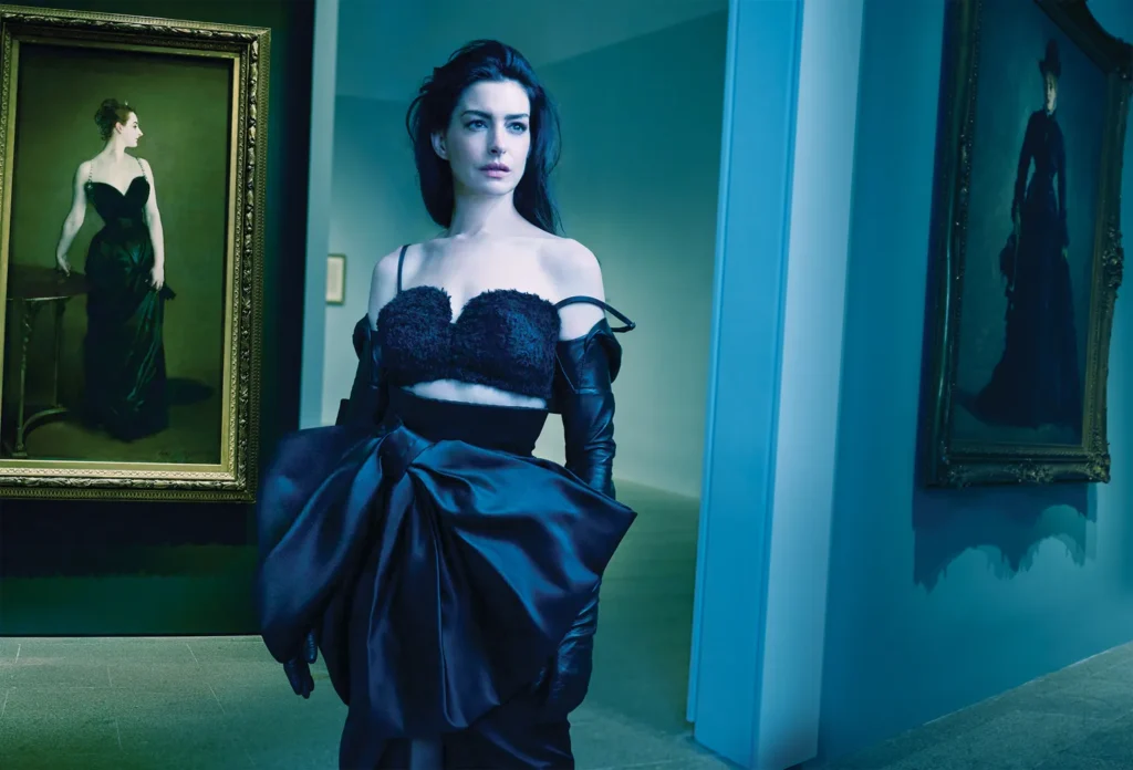 Anne hathaway photoshoot: Anne Hathaway in Givenchy for Vogue’s 2025 August cover story. Photograph by Annie Leibovitz. Vogue.
