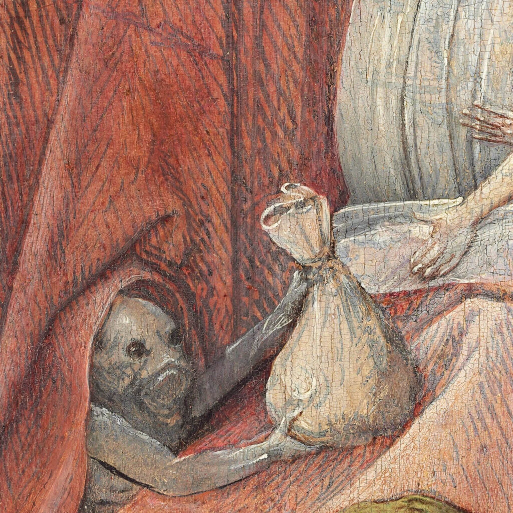 Death and the Miser: Hieronymus Bosch, Death and the Miser, c. 1485–1490, National Gallery of Art, Washington, DC, USA. Detail.
