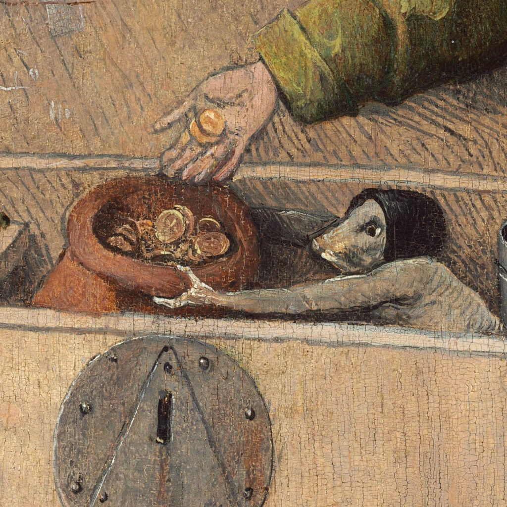 Death and the Miser: Hieronymus Bosch, Death and the Miser, c. 1485–1490, National Gallery of Art, Washington, DC, USA. Detail.
