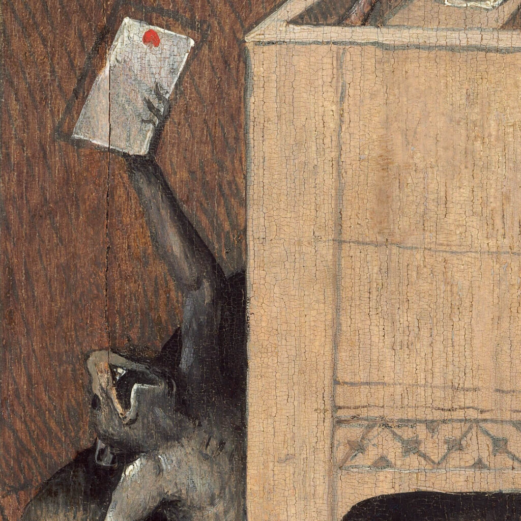 Death and the Miser: Hieronymus Bosch, Death and the Miser, c. 1485–1490, National Gallery of Art, Washington, DC, USA. Detail.
