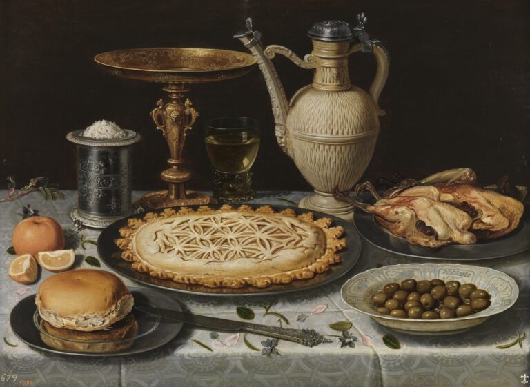 Clara Peeters: Clara Peeters, Table with a Cloth, Salt Cellar, Gilt Tazza, Pie, Jug, Porcelain Dish with Olives, and Roast Fowl, c. 1611, Museo del Prado, Madrid, Spain.

