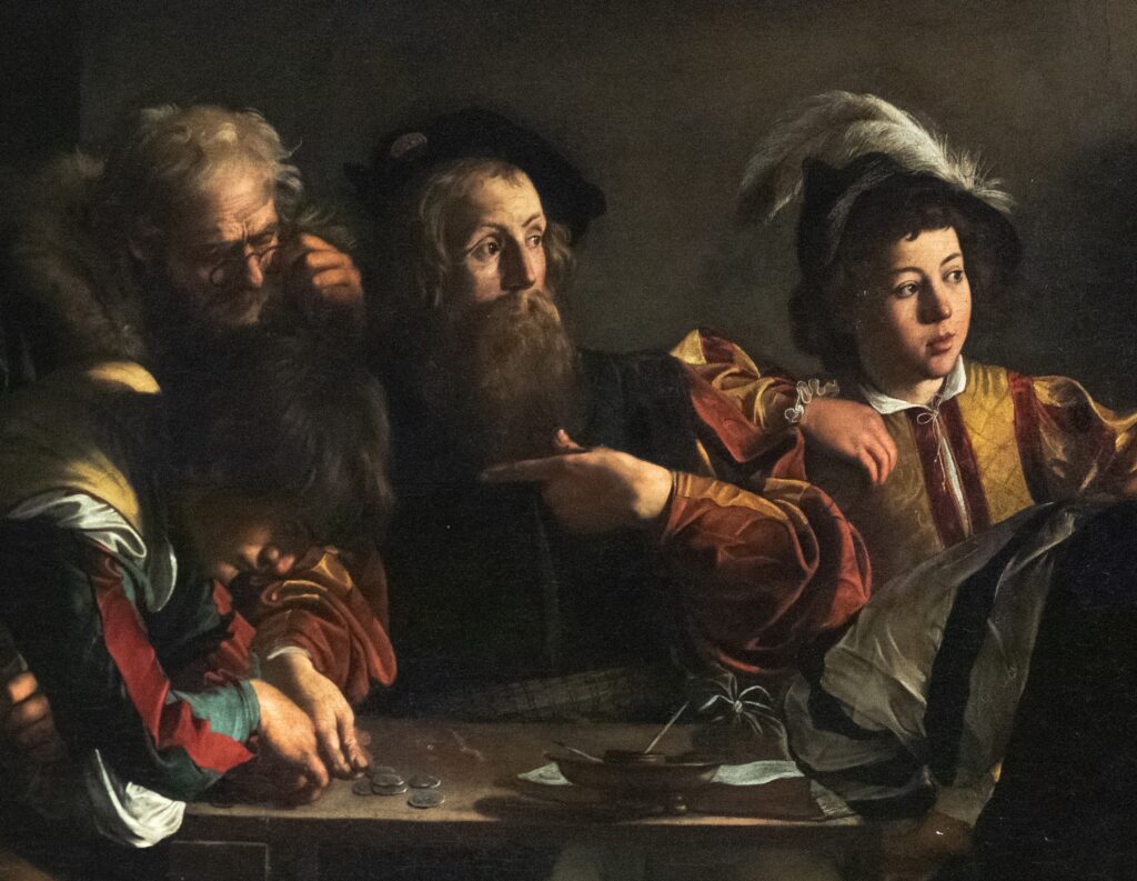 Calling of Saint Matthew: Caravaggio, The Calling of Saint Matthew, 1599–1600, San Luigi dei Francesi, Rome, Italy. Wikimedia Commons (public domain). Detail.
