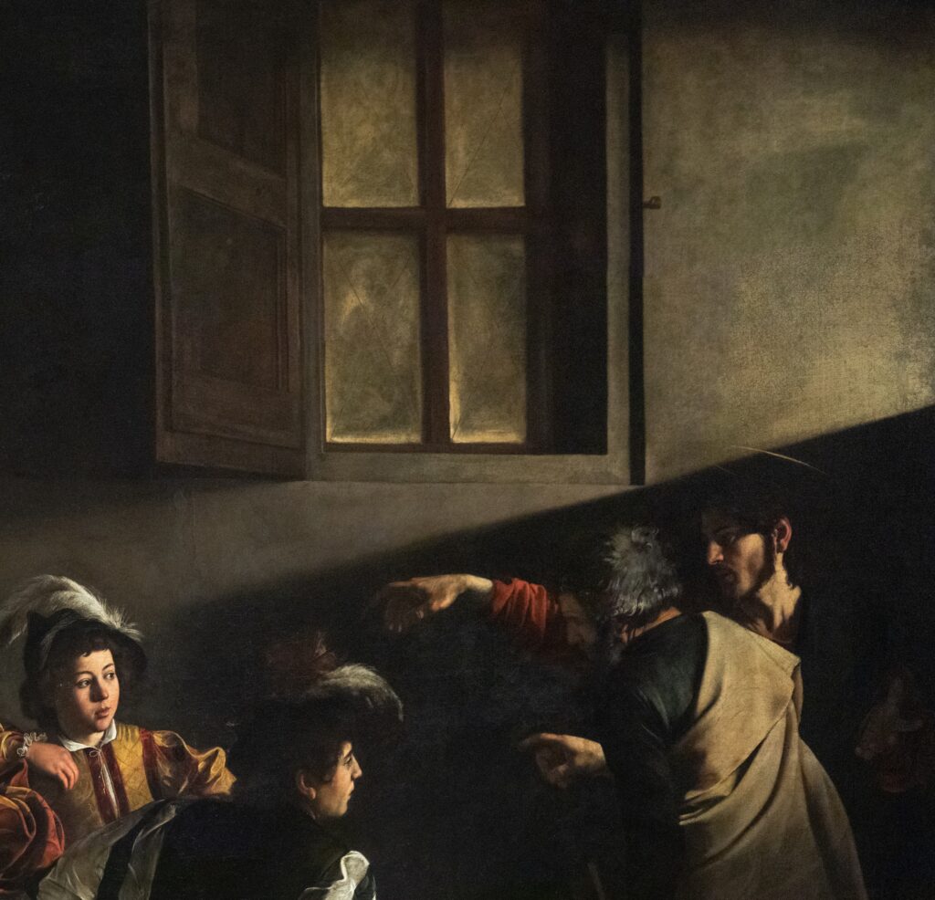 Calling of Saint Matthew: Caravaggio, The Calling of Saint Matthew, 1599–1600, San Luigi dei Francesi, Rome, Italy. Wikimedia Commons (public domain). Detail.
