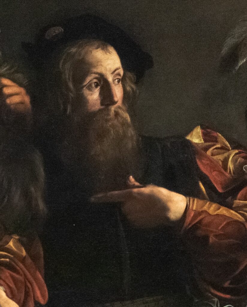 Calling of Saint Matthew: Caravaggio, The Calling of Saint Matthew, 1599–1600, San Luigi dei Francesi, Rome, Italy. Wikimedia Commons (public domain). Detail.
