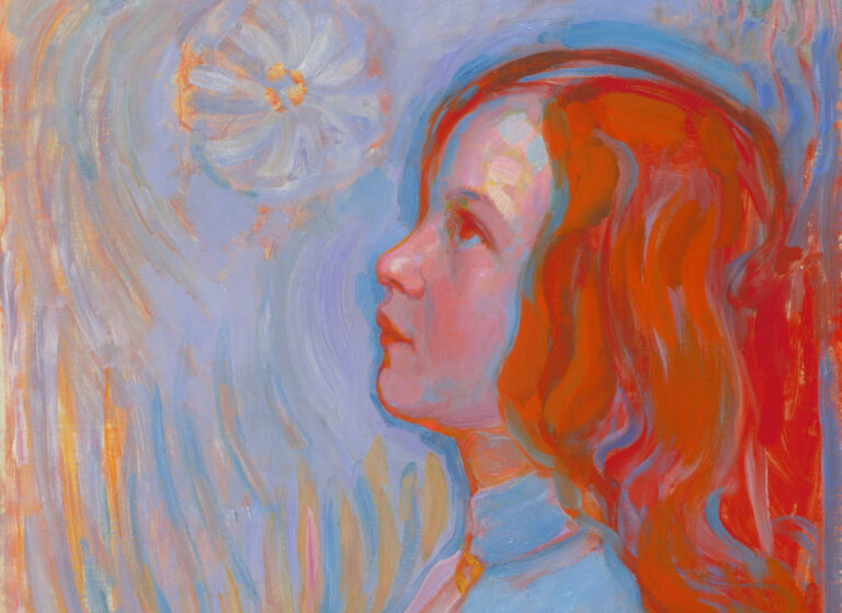 early mondrian paintings: Piet Mondrian, Devotion, 1908, Kunstmuseum Den Haag, Hague, Netherlands. Wikimedia Commons (public domain). Detail.
