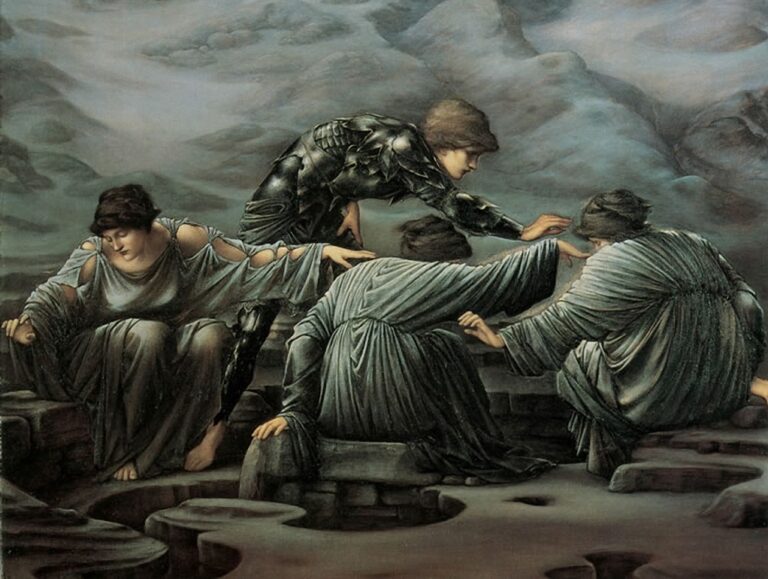 Greek mythological creatures: Edward Burne-Jones, Perseus and the Graeae, 1892, Staatsgalerie, Stuttgart, Germany. Detail.
