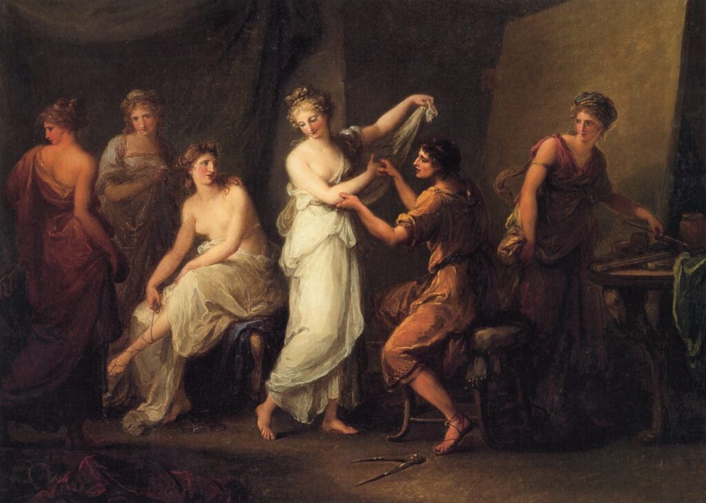 Angelica Kauffman paintings: Angelica Kauffman, Zeuxis Selecting Models for Helen of Troy, c. 1775–1780, Annmary Brown Memorial Collection, Brown University, Providence, RI, USA.
