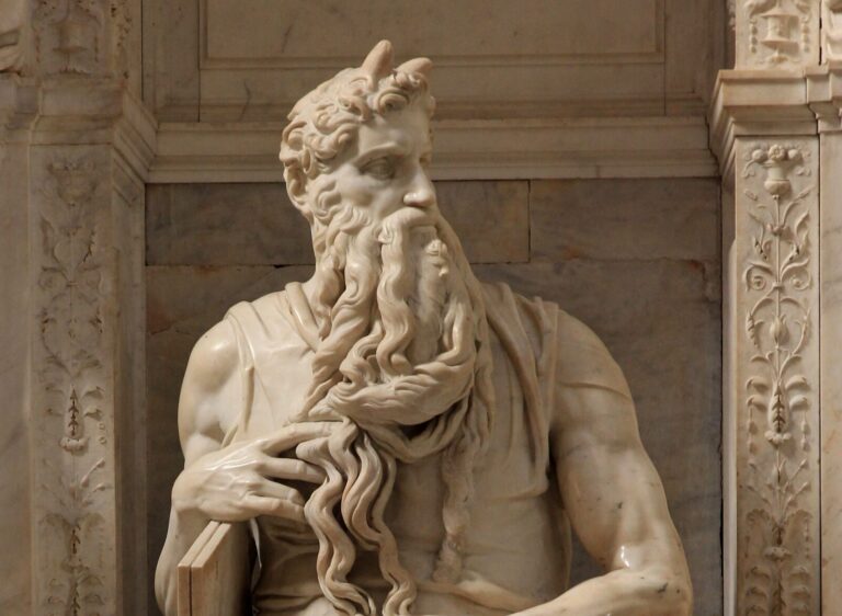 Translation mistakes art history: Michelangelo, Moses, 1513-1515, Church of San Pietro in Vincoli, Rome, Italy. Photo by Jörg Bittner Unna via Wikimedia Commons (CC-BY-SA 3.0). Detail.
