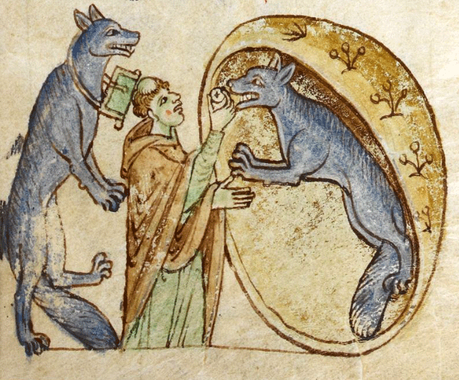 halloween monsters: Gerald of Wales, Werewolves of Ossory from Topographia Hiberniae, 1196–1223. Wikimedia Commons (public domain).
