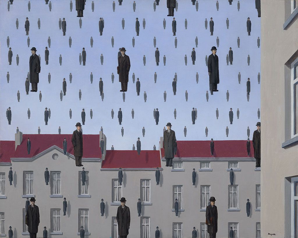 rené magritte paintings: René Magritte, Golconda, 1953, Menil Collection, Houston, TX, USA. © C. Herscovici / Artists Rights Society (ARS), New York.
