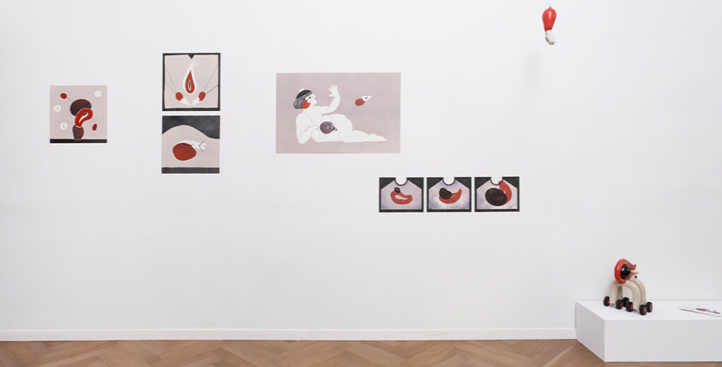 female safe spaces art: Exhibition view of Gynopia and the Spasm, 2023, Chiquita Room Gallery, Barcelona, Spain. Photograph via Chiquita Room.
