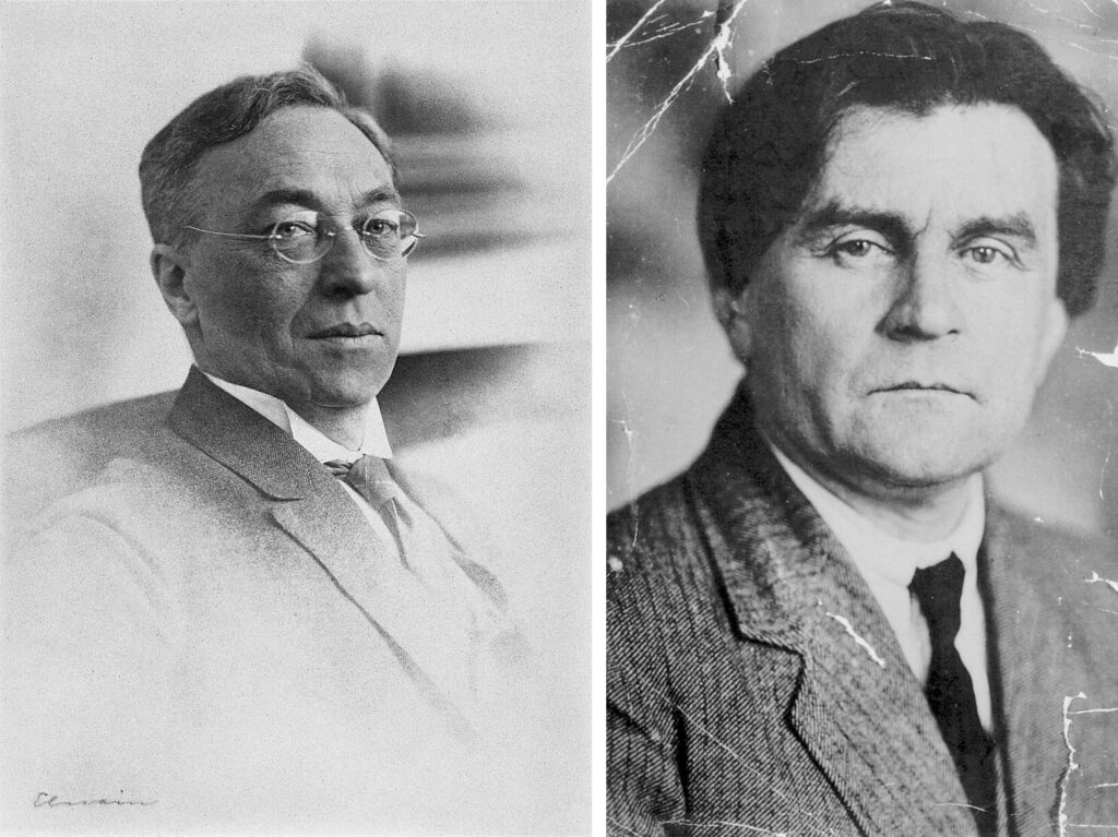 Kandinsky and Malevich: Left: Wassily Kandinsky, 1925. Photograph by Adolf Elnain. Wikimedia Commons (public domain); Right: Kazimir Malevich, c. 1925. Wikimedia Commons (public domain).
