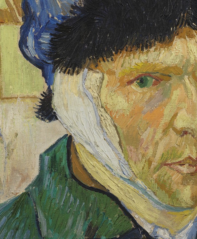 Self-Portrait with Bandaged Ear: Vincent van Gogh, Self-Portrait with Bandaged Ear, 1889, Courtauld Gallery, London, UK. Detail.

