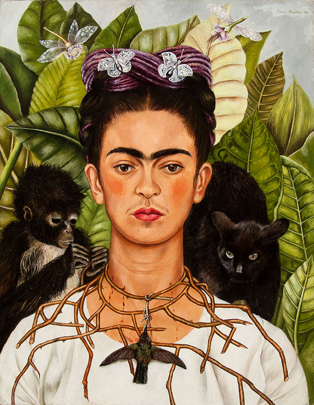 self-taught artists: 10 Famous Self-Taught Artists: Frida Kahlo, Self-Portrait with Thorn Necklace and Hummingbird, 1940, Harry Ransom Center, Austin, TX, USA. Museum’s website.
