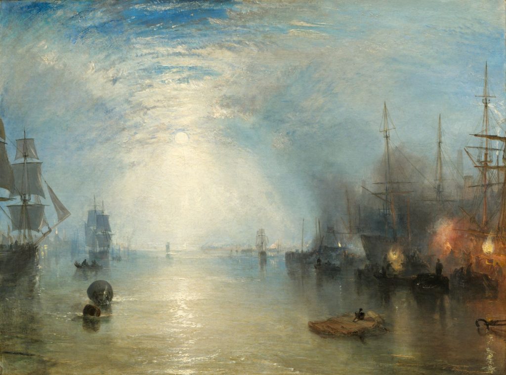 Turner and Constable: J. M. W. Turner, Keelmen Heaving in Coals by Moonlight, 1835. National Gallery of Art, Washington, Widener Collection.
