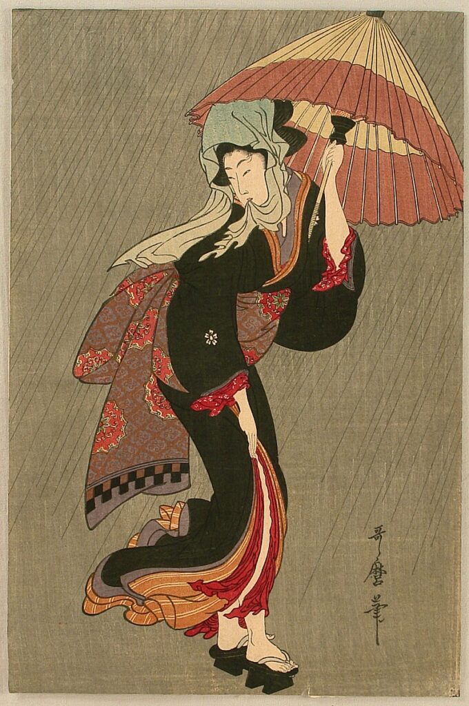 umbrellas art: Kitagawa Utamaro, Beauty in the Rain, 19th century, University of Illinois Urbana-Champaign, Urbana-Champaign, IL, USA.
