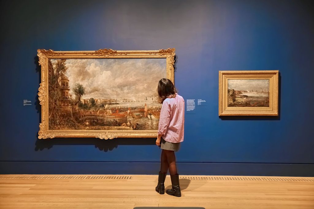 Turner and Constable: Installation view of John Constable’s The Opening of Waterloo Bridge (1832) and its preparatory study in Turner and Constable: Rivals and Originals at Tate Britain. Photo © Tate Photography (Yili Liu).

