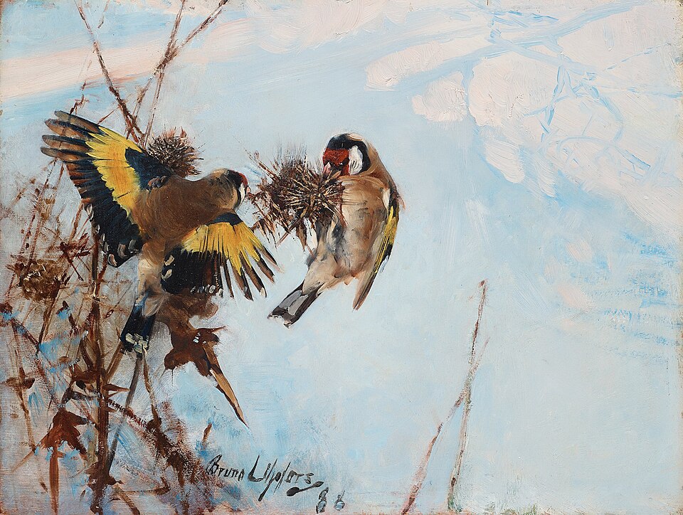 Christmas Holiday Cards: Bruno Liljefors, Goldfinches, 1888, private collection. Wikimedia Commons (public domain).
