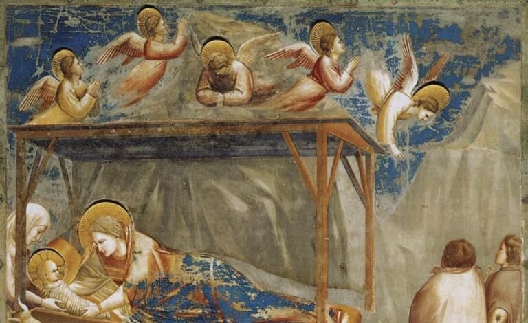 Christmas Holiday Cards: Giotto di Bondone, Nativity, Birth of Jesus, 1304–1306, Scrovegni Chapel, Padua, Italy, Detail.
