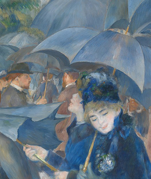 umbrellas art: Pierre-Auguste Renoir, The Umbrellas, c. 1880–1886, National Gallery, London, UK. Detail.
