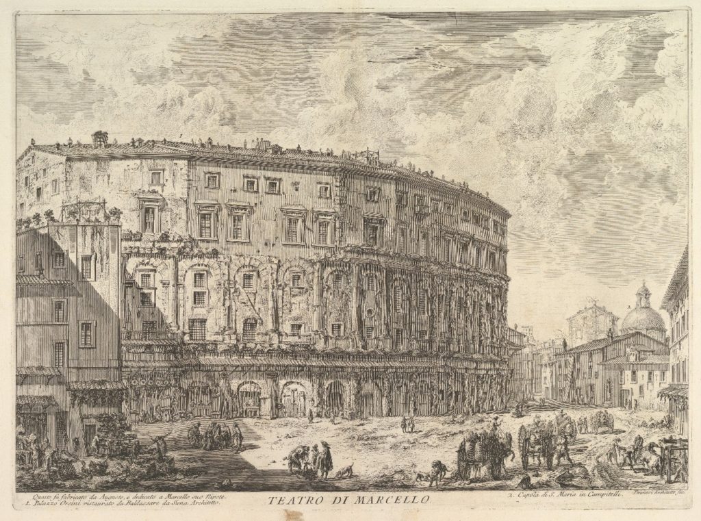 grand tour souvenirs: Giovanni Battista Piranesi, Teatro di Marcello, etching, 1757, Metropolitan Museum of Art, New York City, NY, USA.
