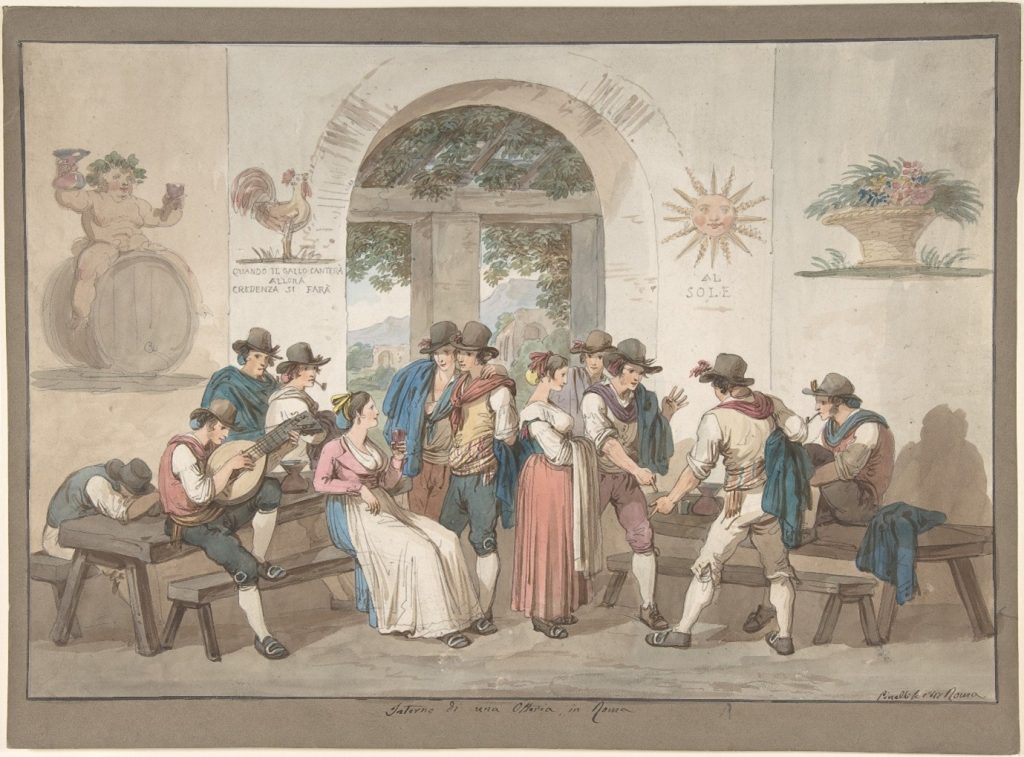 grand tour souvenirs: Bartolomeo Pinelli, Interior of a Roman Inn, watercolour on graphite, 1817, Metropolitan Museum of Art, New York City, NY, USA.
