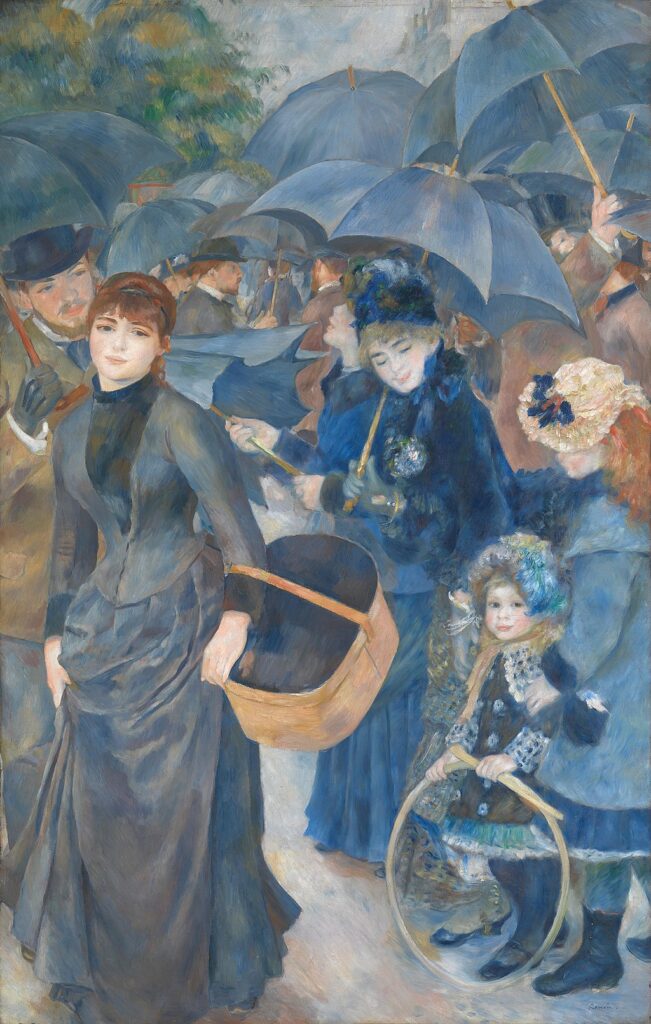 umbrellas art: Pierre-Auguste Renoir, The Umbrellas, c. 1880–1886, National Gallery, London, UK.
