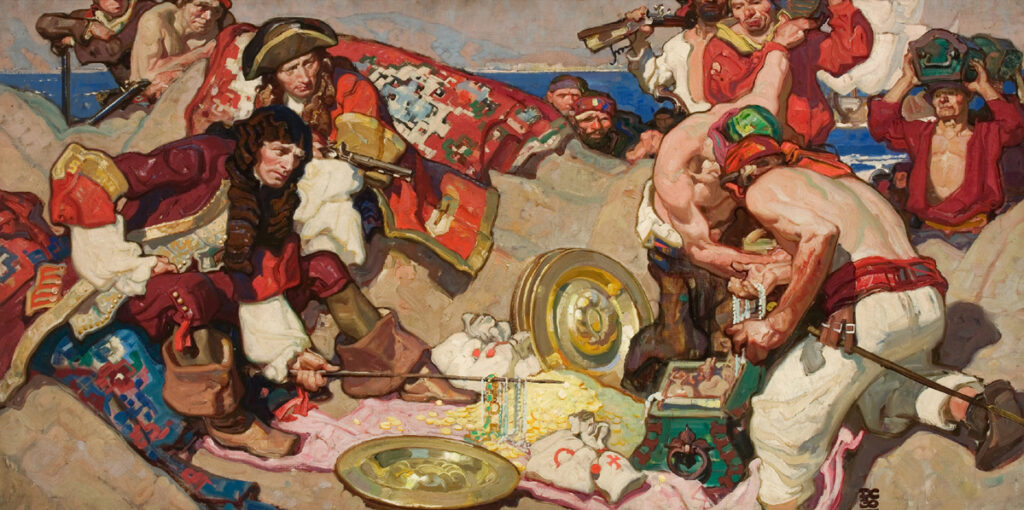 Howard Pyle: Dean Cornwell, Captain Blood Inspecting the Treasure Chest Jewels, illustration for Cosmopolitan, 1930. Illustration History.
