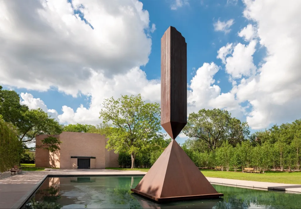 Barnett Newman Here: Barnett Newman, Broken Obelisk, 1963–1967, Rothko Chapel, Houston, TX, USA. ArtNews.
