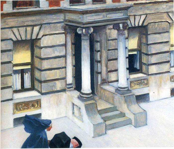new york paintings: Edward Hopper, New York Pavements, 1924–1925, Chrysler Museum of Art, Norfolk, VA, USA.
